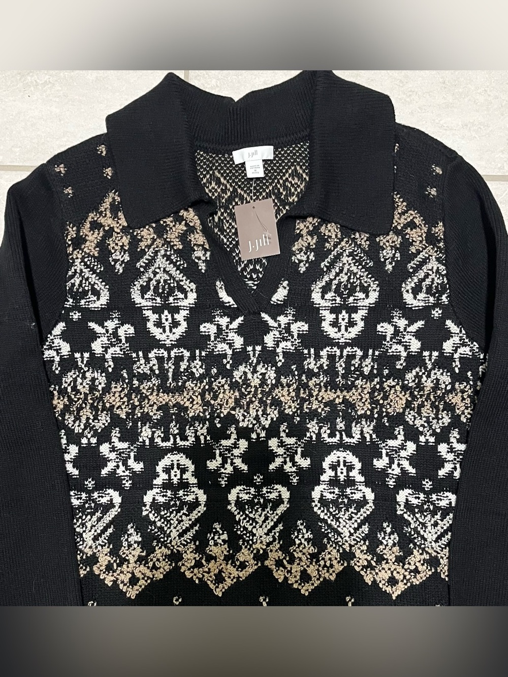 J. Jill Fair Isle Aztec Collared Pullover Sweater Long Sleeve Knit Black NWT